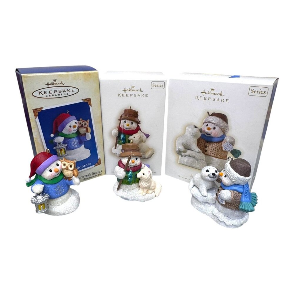 Hallmark Snow Buddies Collectors Series Keepsake Ornament 3 Lot Owl Wolf Seal